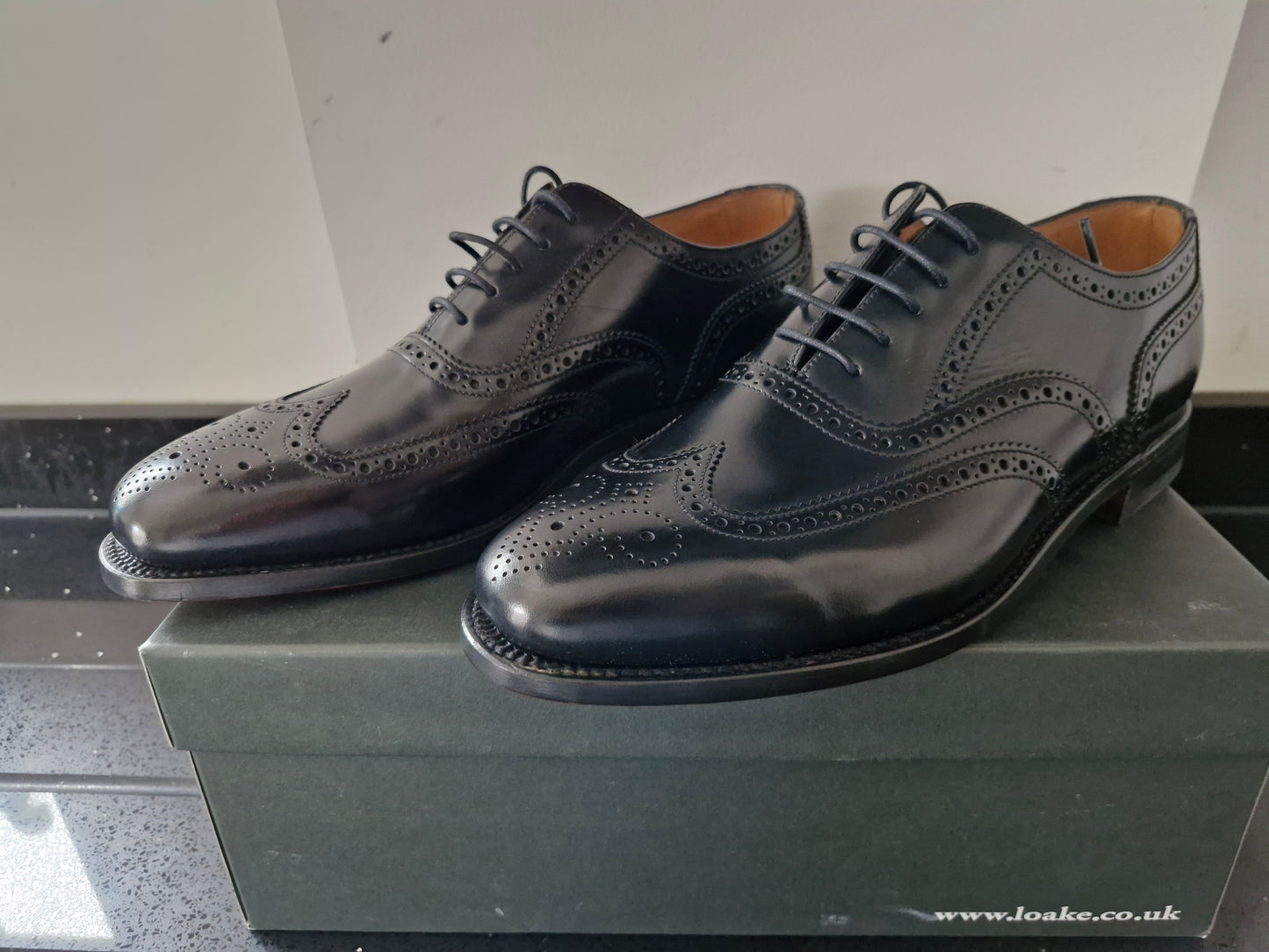 Loake - Hi-Shine Black Leather Brogue Shoe (202B)