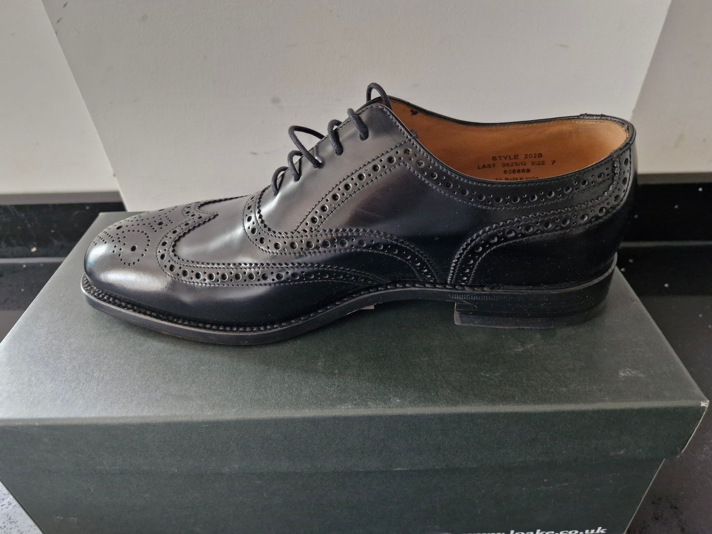 Loake - Hi-Shine Black Leather Brogue Shoe (202B)