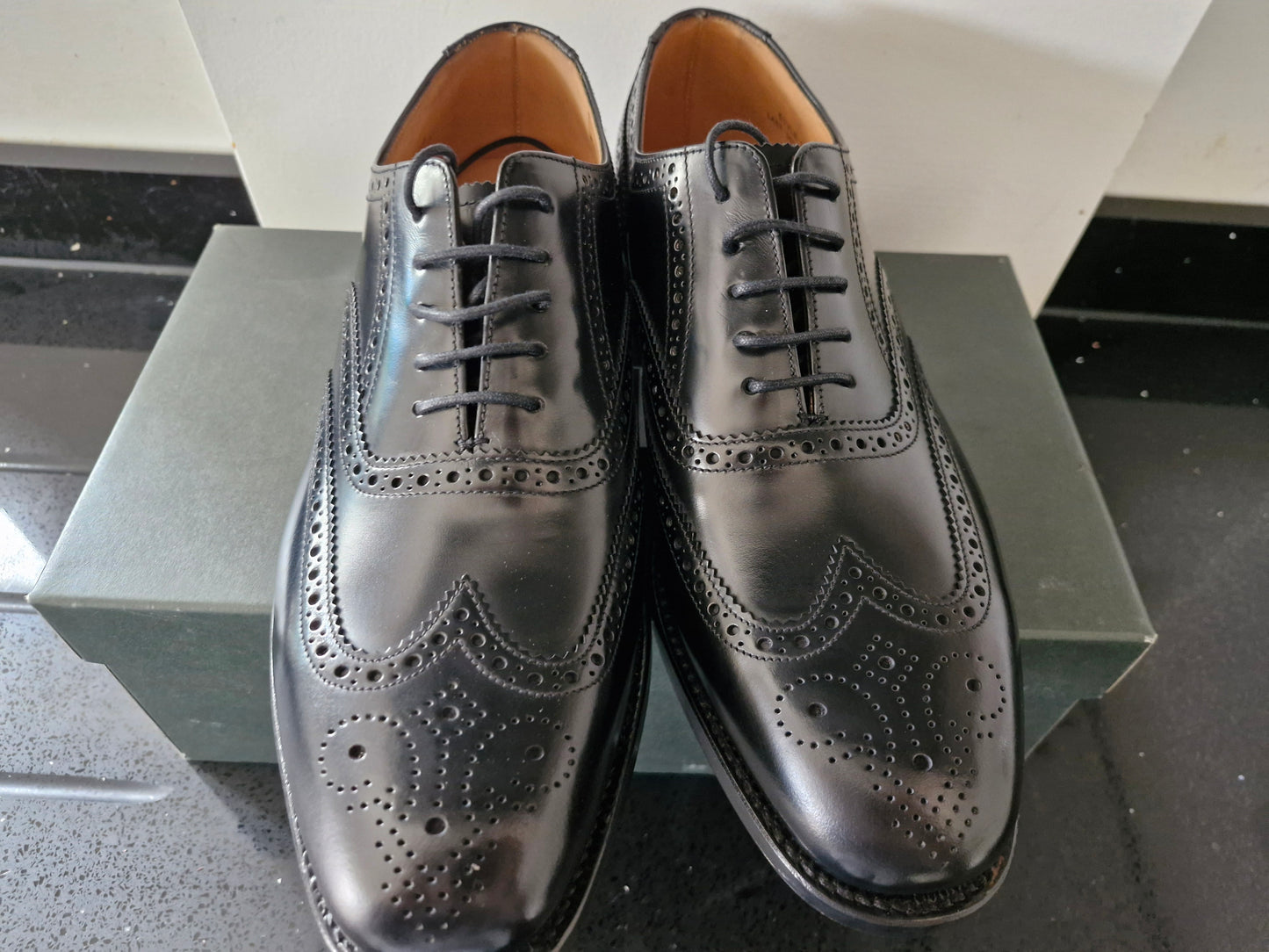 Loake - Hi-Shine Black Leather Brogue Shoe (202B)