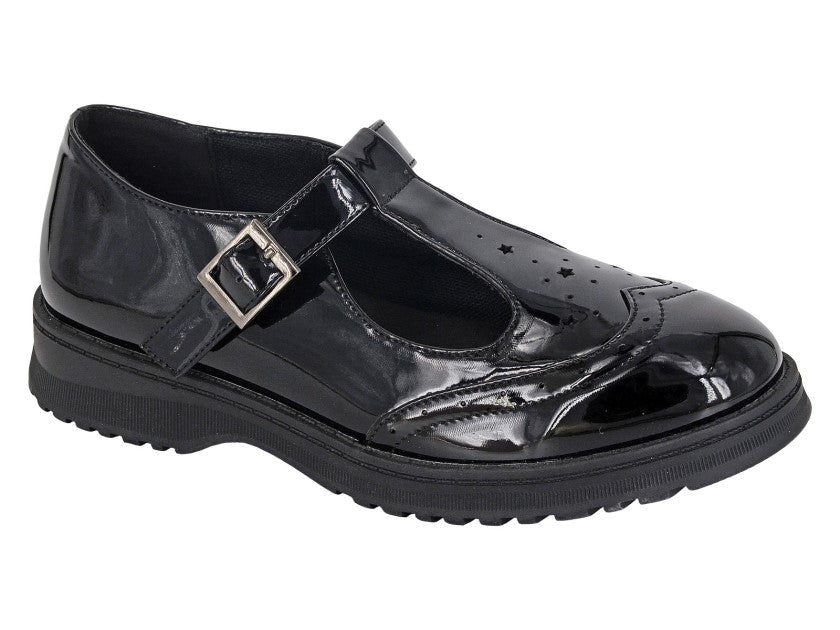 Childrens T Bar Brogue Black Patent Buckle Shoe (G724AP)