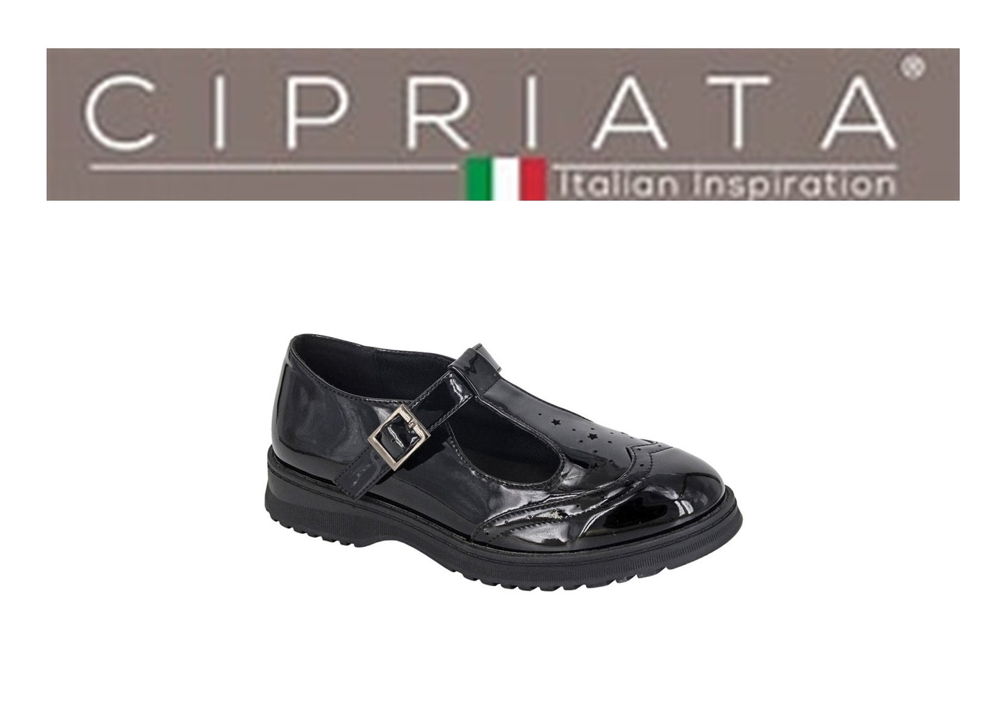 Childrens T Bar Brogue Black Patent Buckle Shoe (G724AP)