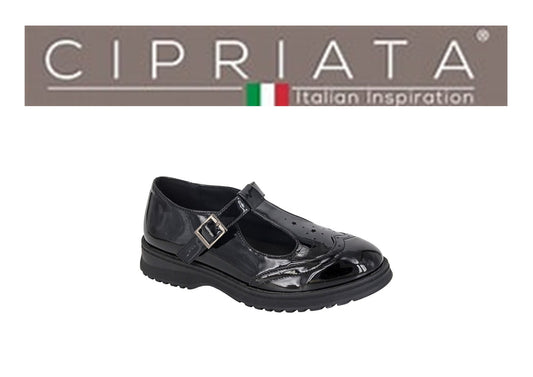 Childrens T Bar Brogue Black Patent Buckle Shoe (G724AP)